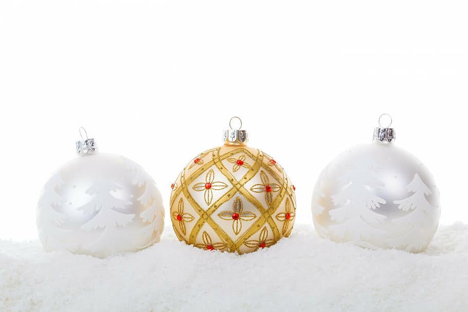 gold, two, silver baubles, christmas ball, baubles, celebration, christmas, decoration, glass, holiday