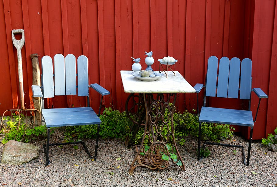 square, white, table, blue, armchairs, red, wooden, fence, patio, garden furniture