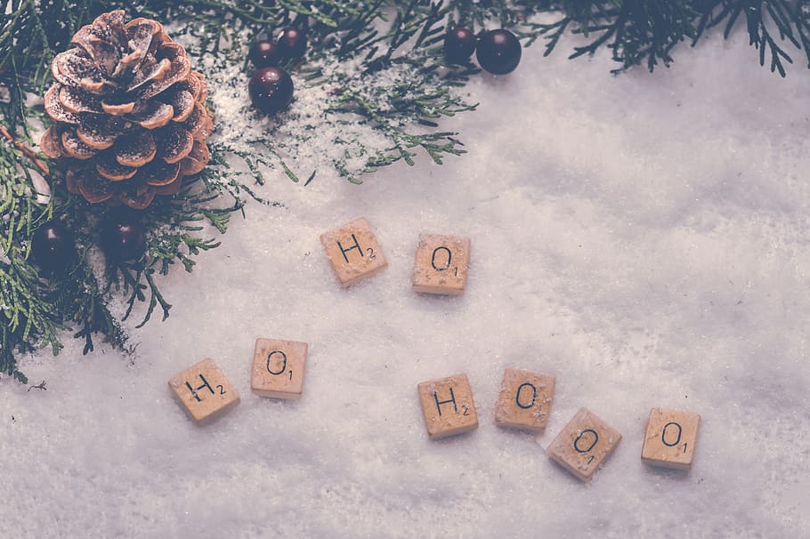 ho-ho, scrabble, bokeh, bagas, natal, neve, branco, decoração, letras, luzes