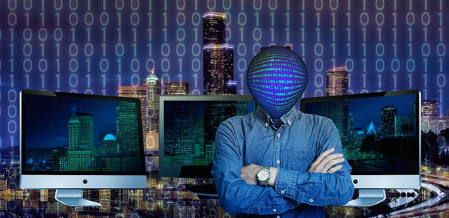man, wearing, blue, denim jacket, company, technology, human, computer, monitor, binary
