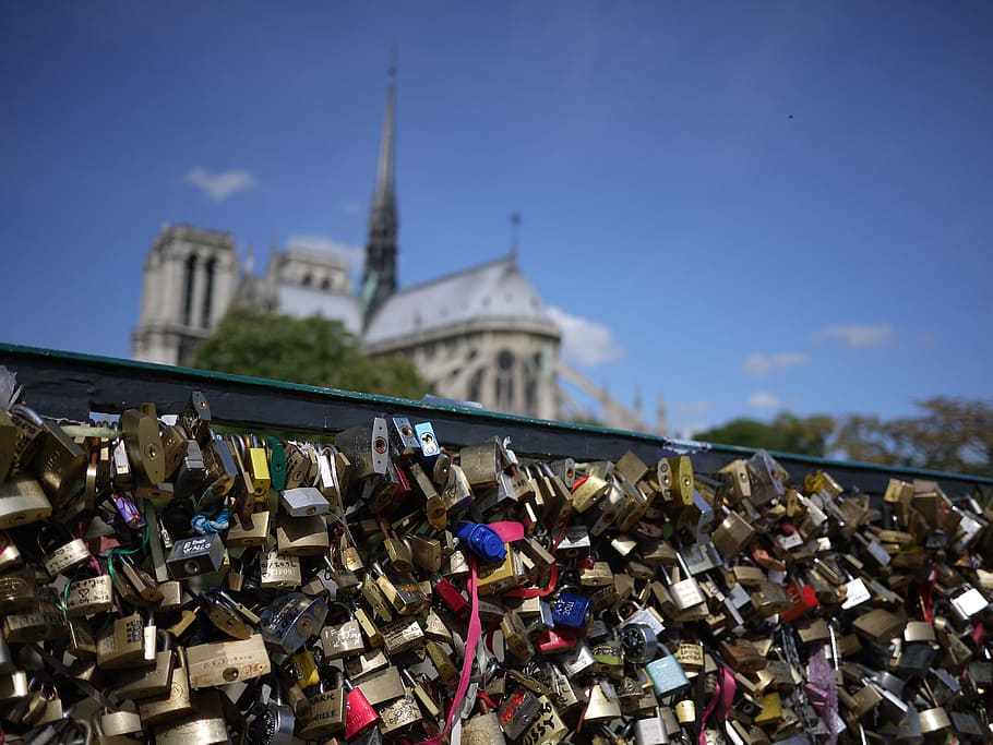 candados, París, Notre Dame, catedral, cerraduras, candado, cerradura, metal, llave, seguridad