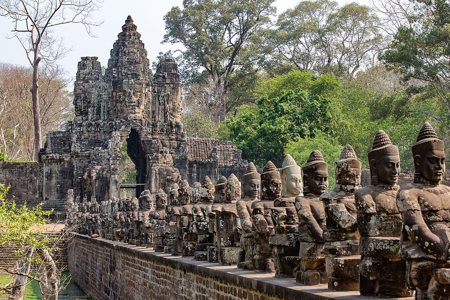 piled, statues, trees, angkor thom, angkor wat, cambodia, temple, asia, angkor, temple complex