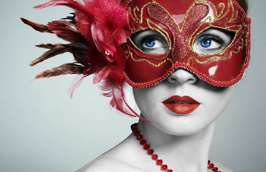 mujer, vistiendo, rojo, mascarada, máscara, veneciano, disfraz, cara, misterio, una persona