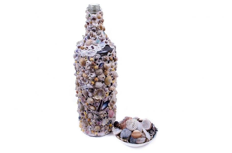 bottle, seashells, shells, glass, art, sea, decoration, natural, beach, isolated