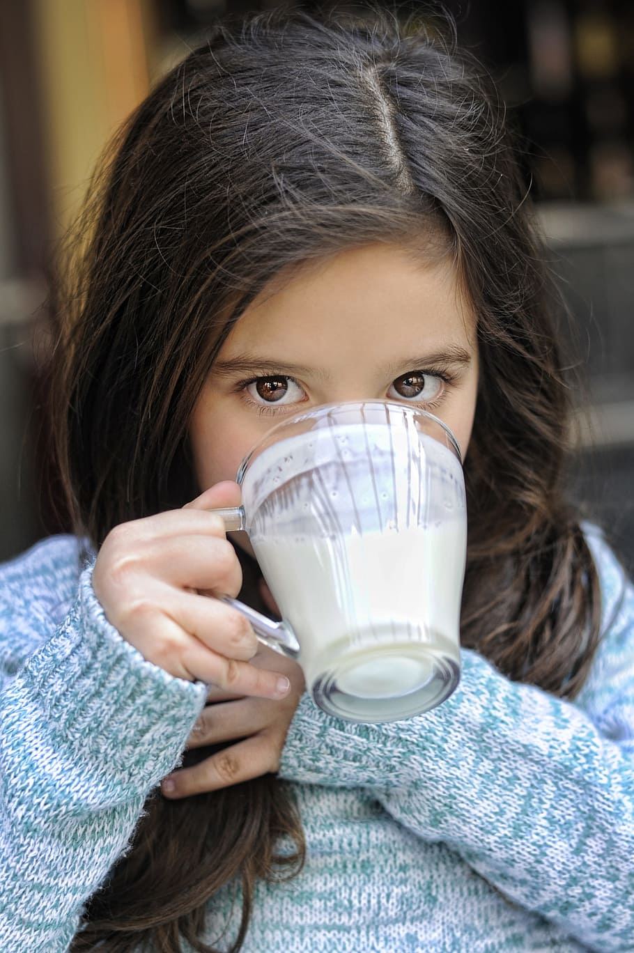 girl drinking, white, liquid, clear, glass mug, yogurt, milk, drink, fresh, glass