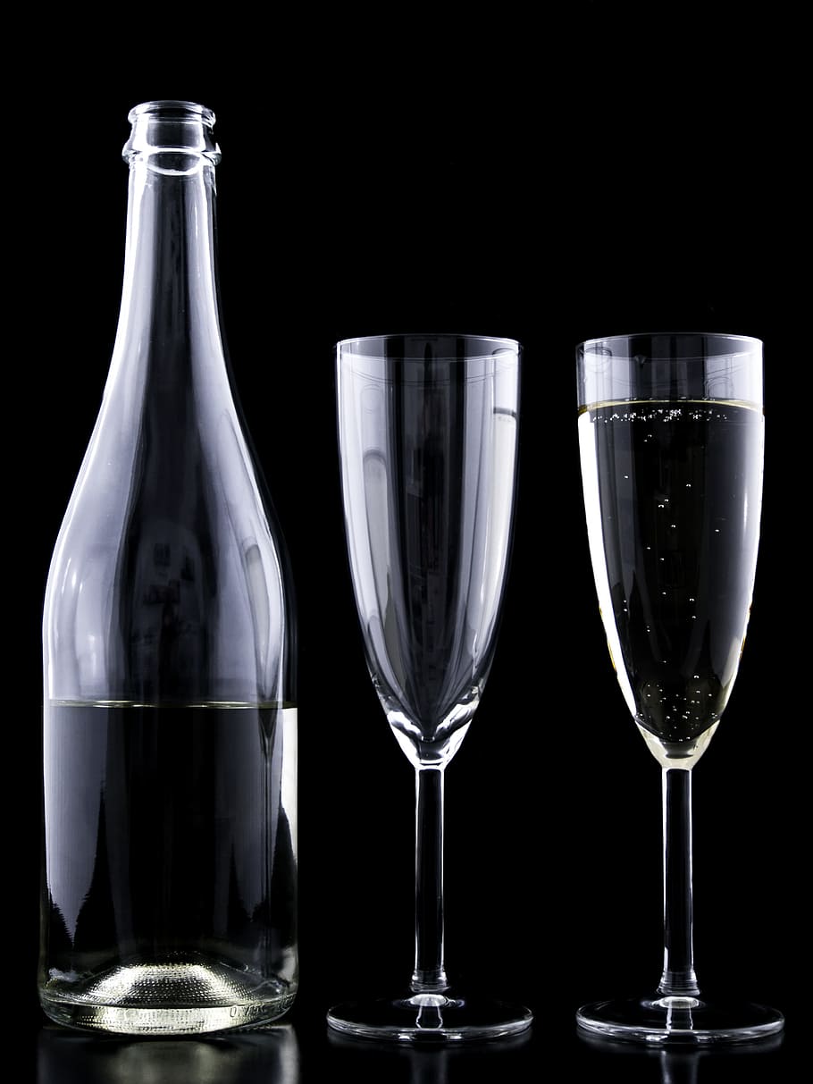 dos, claro, vasos para beber, al lado, botella de vidrio, víspera, bebida, cristal, festivo, año