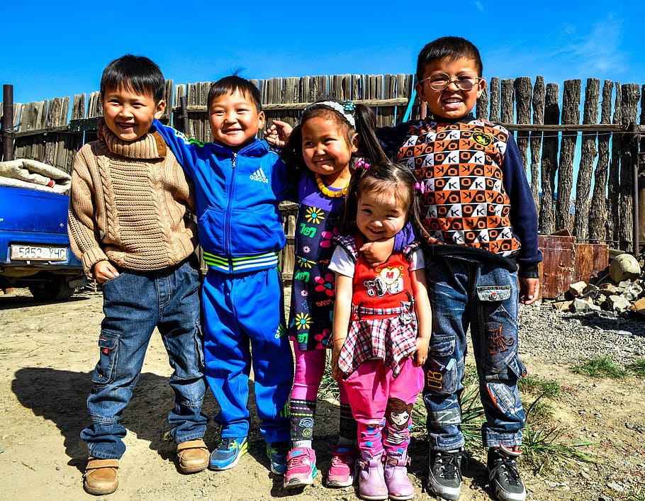 children, standing, brown, wooden, fence, kids, smile, happy, young, cute