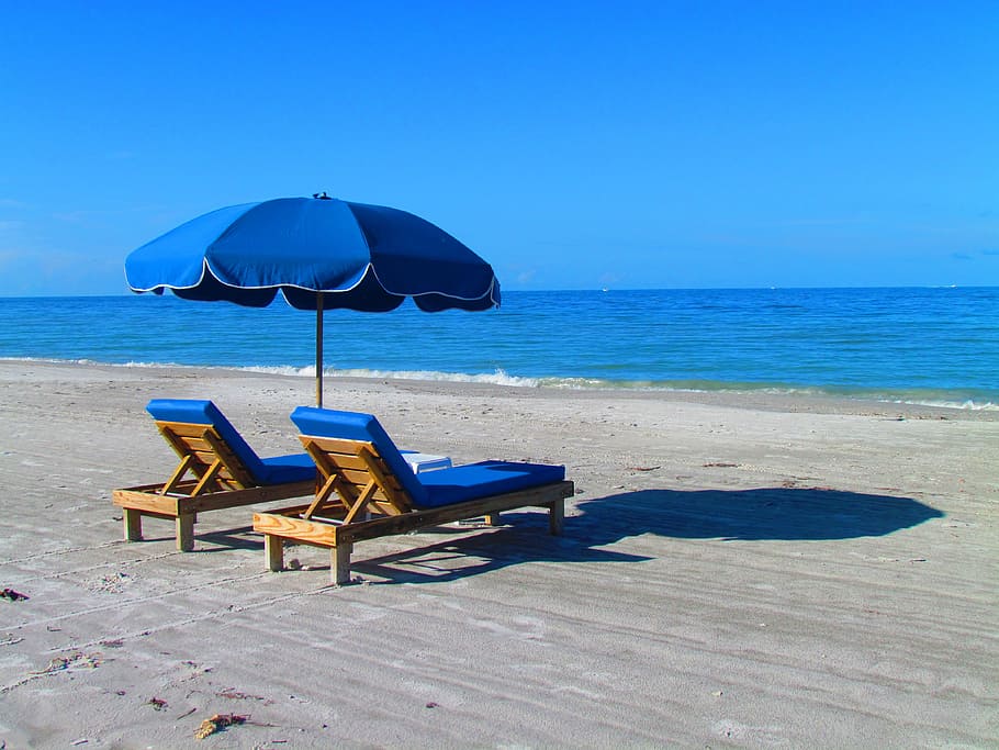 two, lounger, umbrella, seashore, beach, relax, chair, ocean, sand, vacation