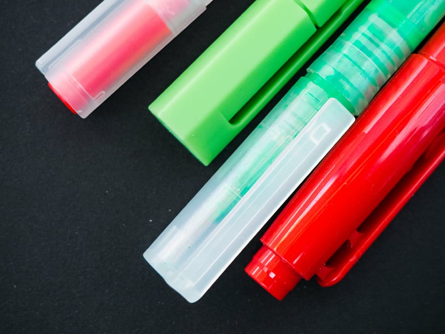 four, green, red, pens, close, pencils, highlighters, markers, stationary, business