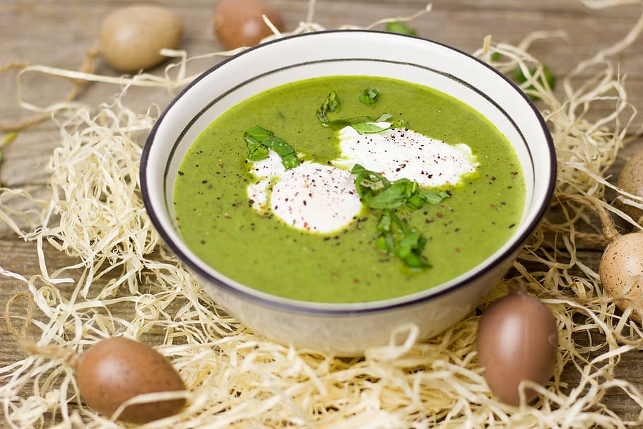 green, soup, white, bowl, easter, herbs, bear's garlic, egg, homemade, cooked