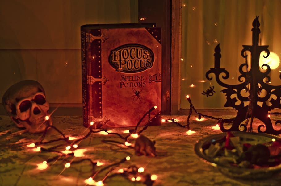 hocus pocus book, cercado, luzes da corda, hocus pocus, dia das bruxas, assustador, gostosuras ou travessuras, livro de feitiços, férias, luzes
