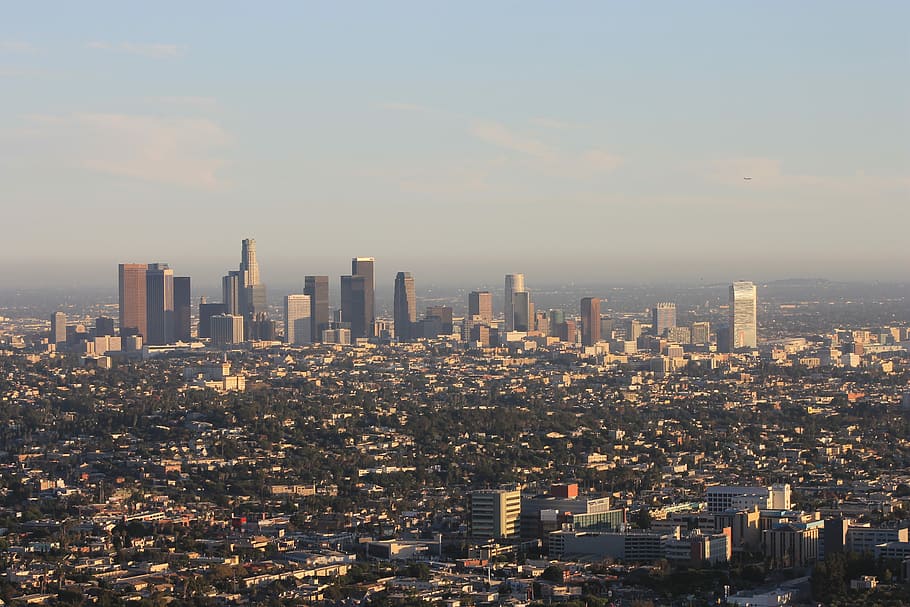 Центр города Лос-Анджелес, ПИК, Небо, фото с неба, Лос-Анджелес, городской пейзаж, небоскреб, город, городской горизонт, современный