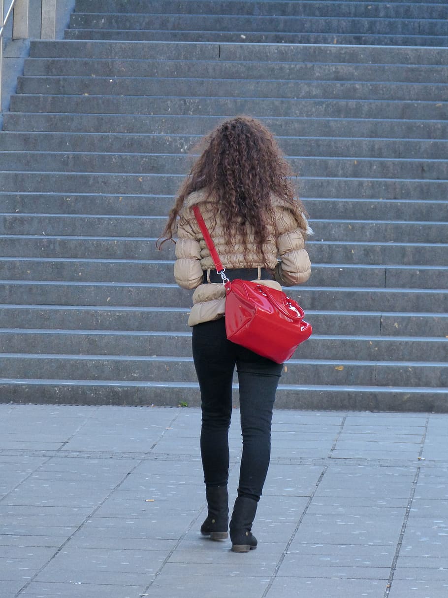 person, walking, staircase, carrying, red, patent leather sling bag, Woman, Girl, Bag, Shopping