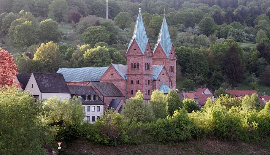 church, monastery church, steeple, sunshine, bavaria, neustadt am main, main spessart, mainfranken, lower franconia, swiss francs