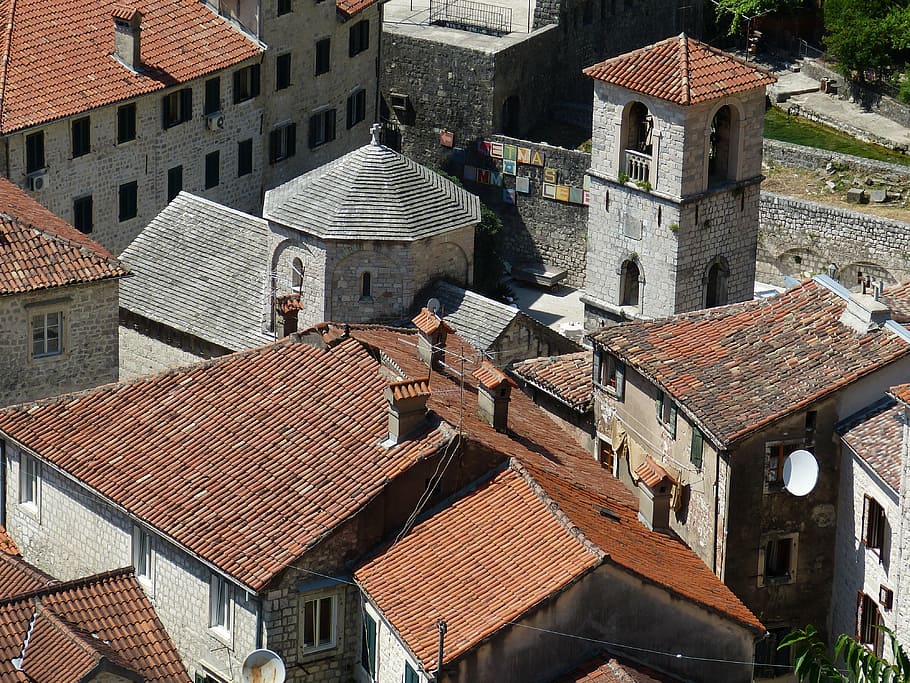Kotor, Montenegro, los Balcanes, casco antiguo, históricamente, la unesco, patrimonio mundial, perspectiva, vista, techos