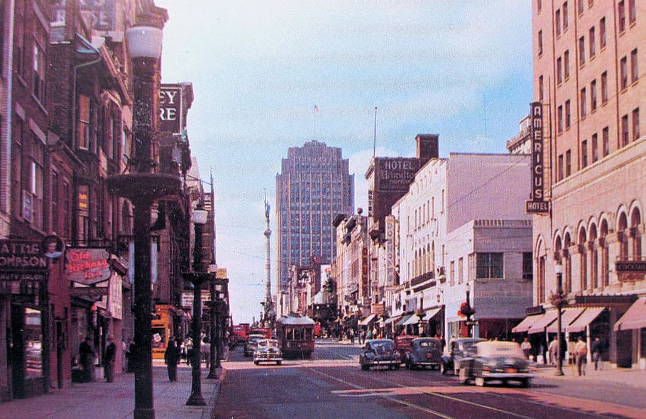 jalan hamilton barat, 6, 1950, Allentown, Pennsylvania, 6th street, foto, jalan hamilton, domain publik, menara