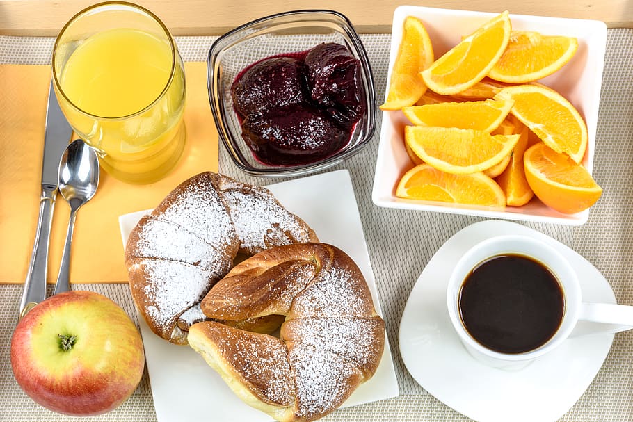 breakfast, coffee, croissant, cup, food, fruit, healthy, diet, juice, jam