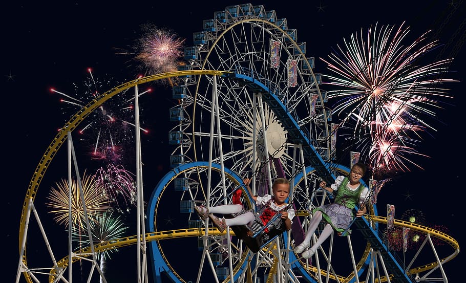 two, children, amusement rides illustration, oktoberfest, ferris wheel, roller coaster, ride, fireworks, fun, pleasure