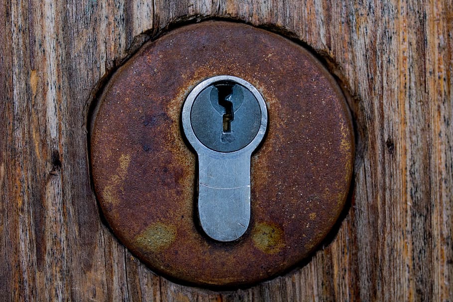 rusted deadbolt, castle, keyhole, key, door, rusty, tree, metal, wood - material, close-up