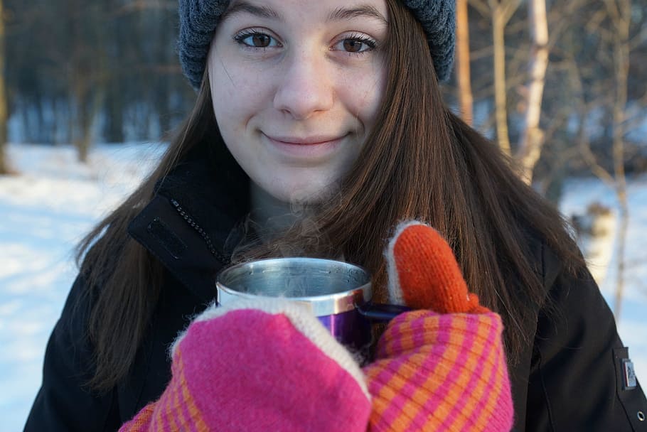 Coffee, Winter, Girl, Teen, Cup, happy, snow, outdoors, women, smiling