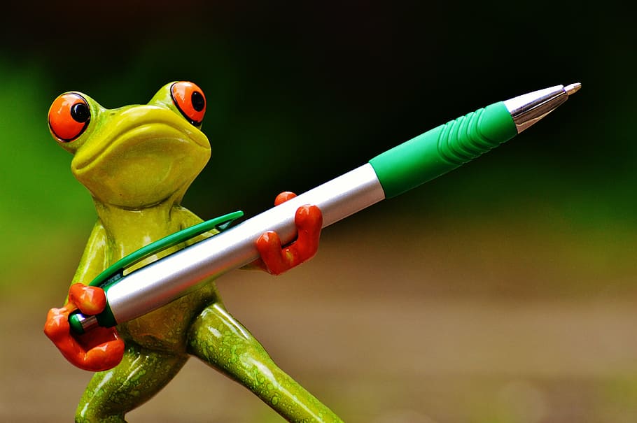 red, eyed, tree frog, holding, silver, green, click pen, frog, holder, pen