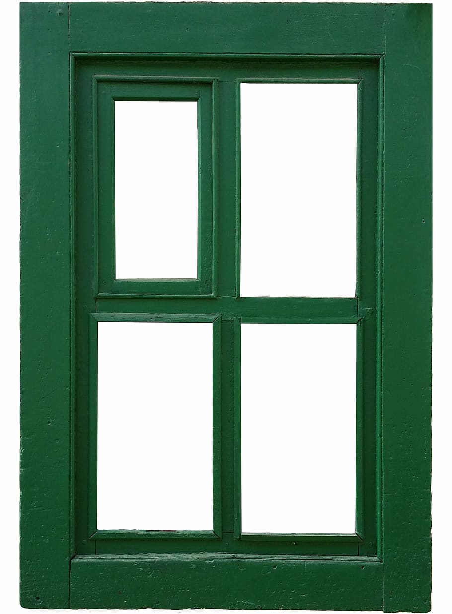 rectangular, green, wooden, window pane, window, frame, old, wood, architecture, green color