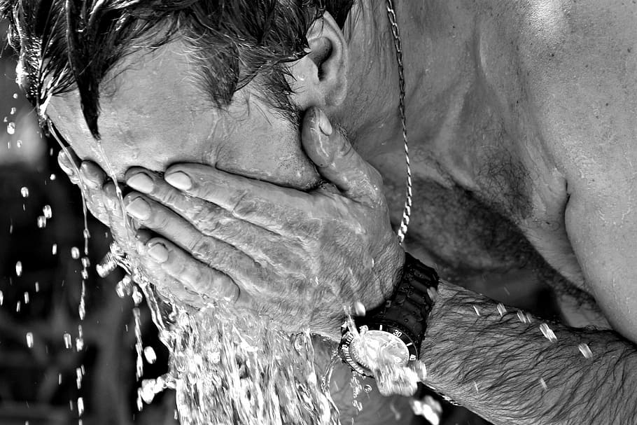 grayscale photography, man, washing, face, heat, summer, hotness, excursion, exposure to the sun, heat wave
