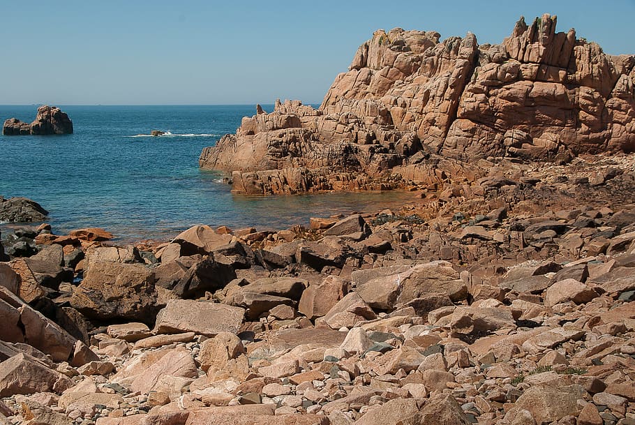 Brittany, Perros Guirec, ploumanach, pink granite, rocks, sea, rock - Object, nature, coastline, beach