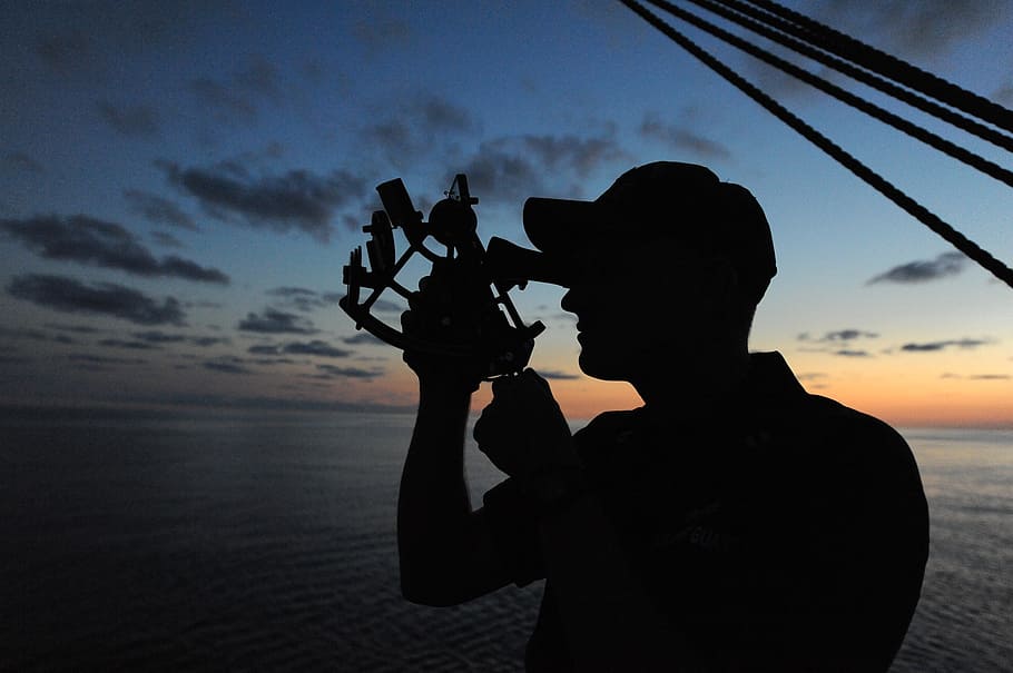 silhouette, man, large, body, water, golden, hour, sextant, sunset, coast guard