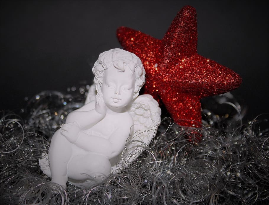 figurilla de cerámica querubín, ángel, ángel soñador, soñando, figura de piedra, figura, durmiendo, estrella, navidad, representación