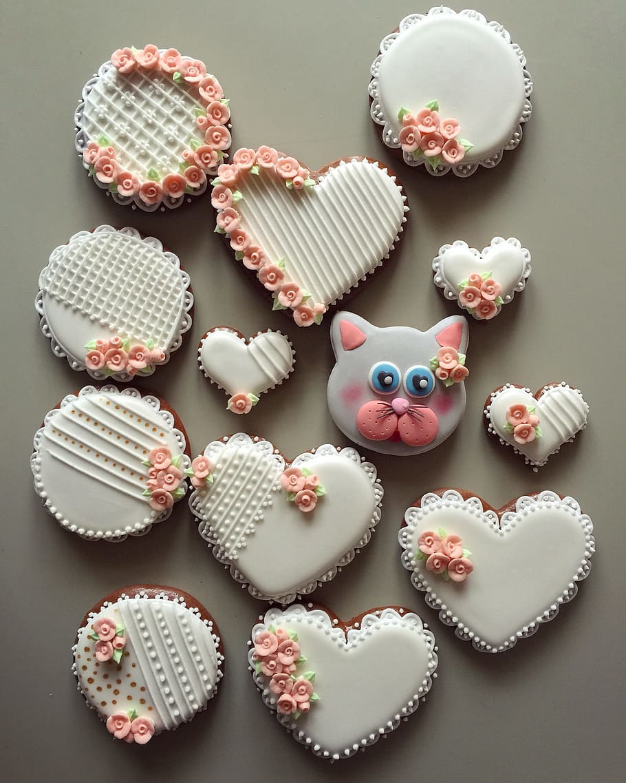 cookie party favor, white, surface, Frosting, Glace, gingerbreads, gingerbread, sweet, gingerbread heart, decorating