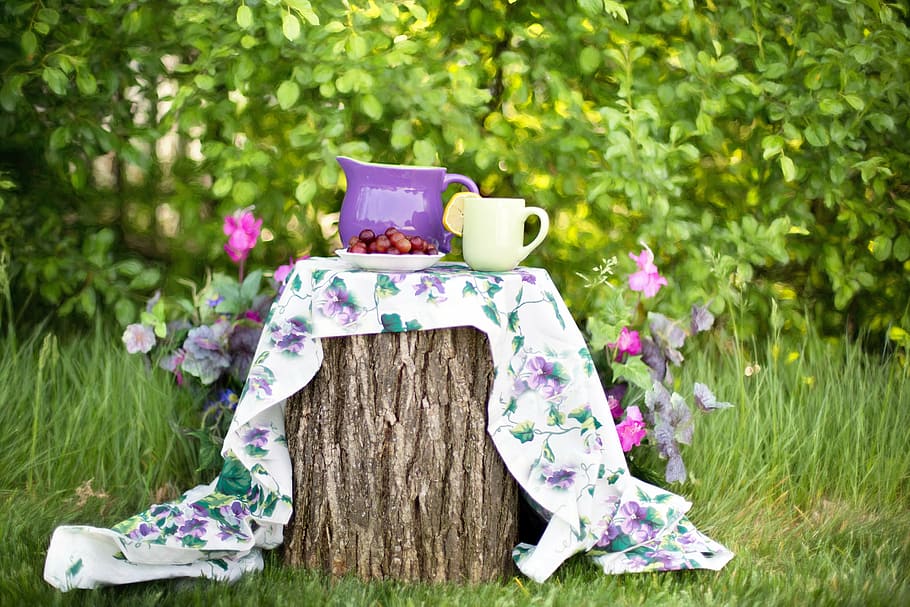 two, purple, yellow, ceramic, cup, pitcher, multicolored, floral, textile, summer