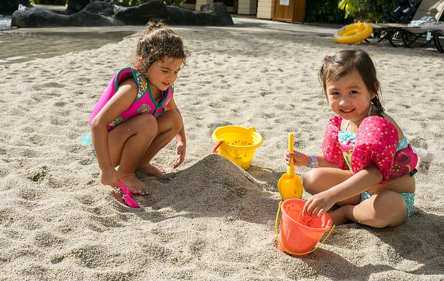 two, girls, sand, children, beach, playing, people, person, child, happy