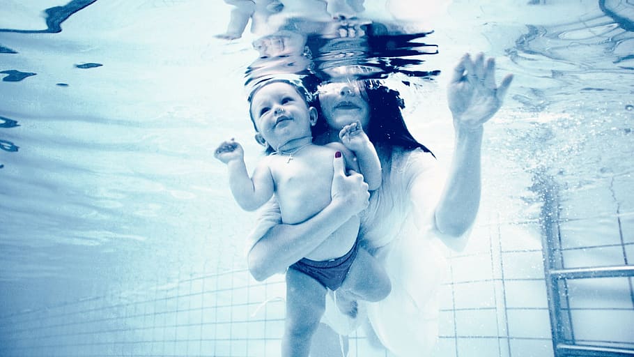 woman, holding, baby, underwater, mom, pregnancy, expectant mother, happiness, femininity, girl
