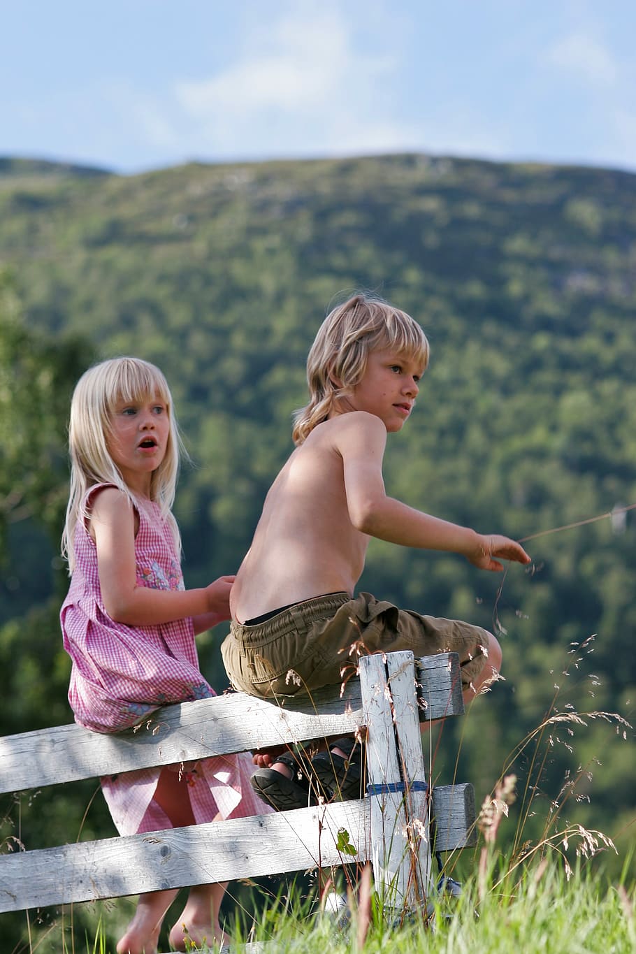 boy, girl, sitting, white, wooden, fence, mountains, boy and girl, outdoors, child