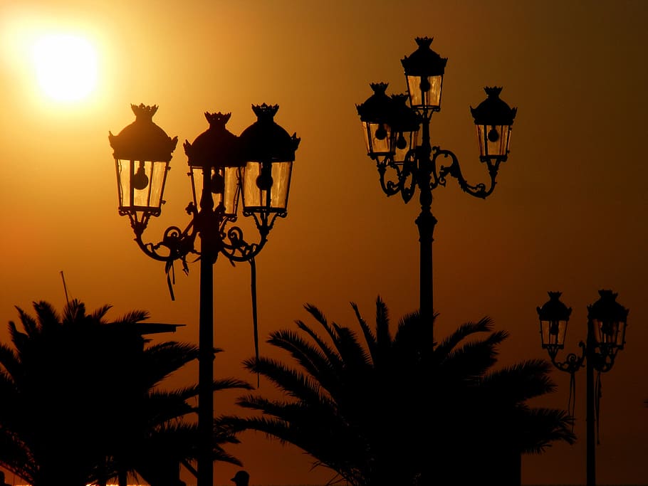 lantern, sun, red, east, street light, street, lighting equipment, sky, sunset, silhouette