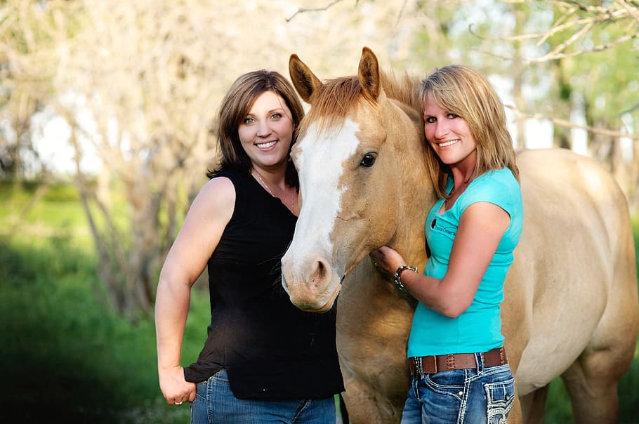 two, women, standing, horse, woman, animal, nature, girl, female, lifestyle