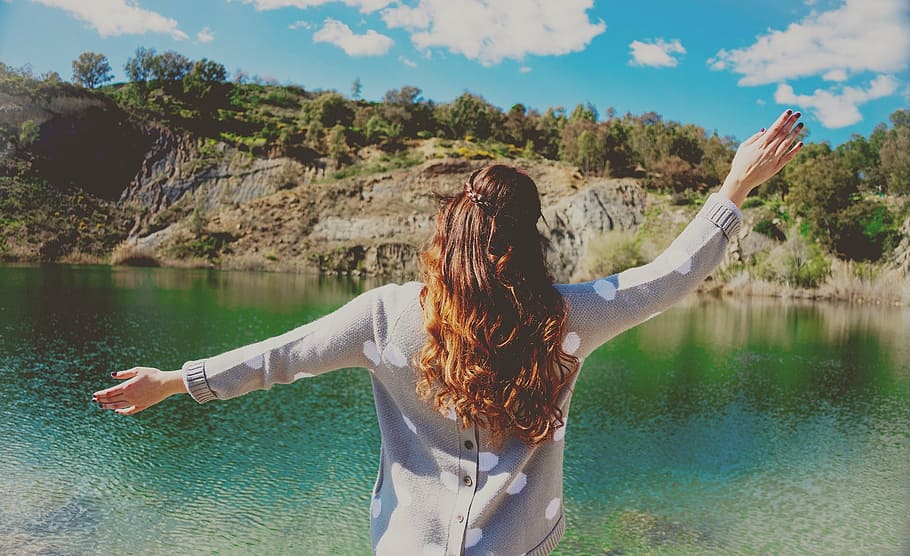 woman, waving, lake, water, nature, scenery, outdoors, happiness, happy woman, joy
