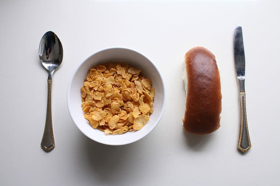 Breakfast, Bread, Food, Tasty, good morning, corn flakes, fork, knife, spoon, healthy