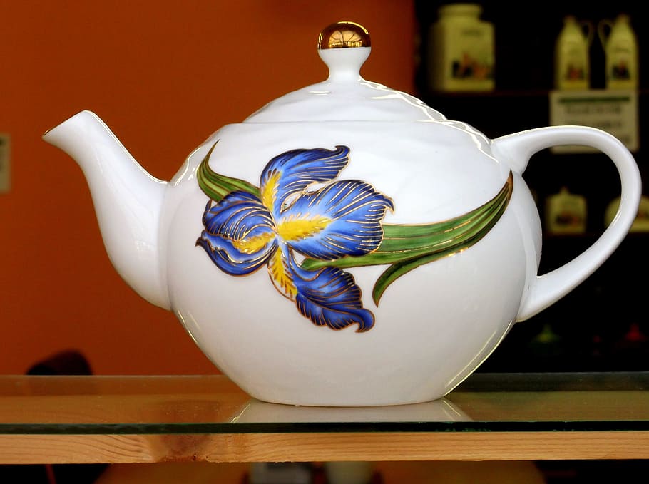 white, green, blue, floral-printed teapot, tea, teapot, color, shelf, closeup, ceramic
