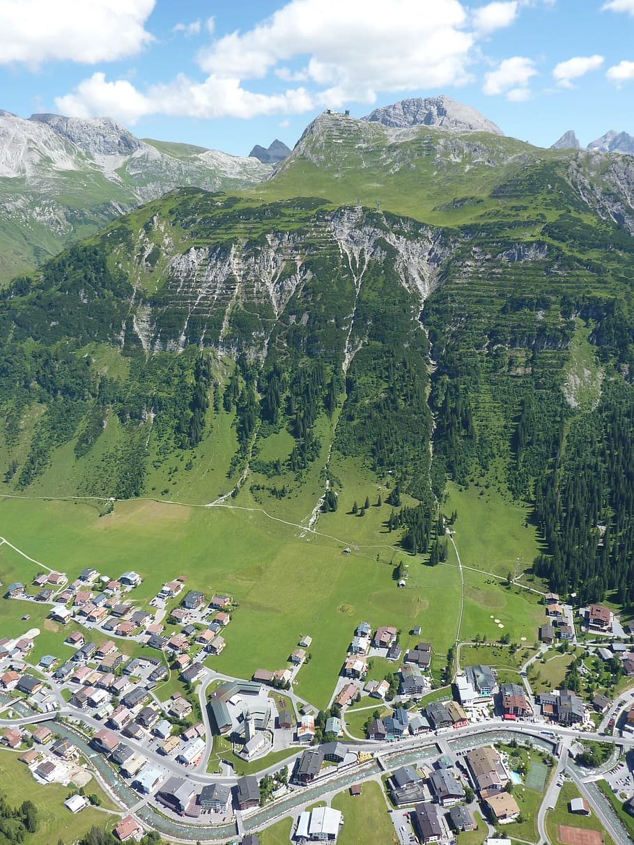 paragliding, aerial view, Paragliding, Aerial View, lech am arlberg, rüfikopf, mountain, panorama, summit, high angle view, mountain range