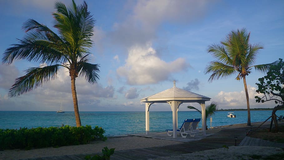 vazio, pérgola, ao lado, água, bahamas, tropical, caribe, férias, turquesa, turismo