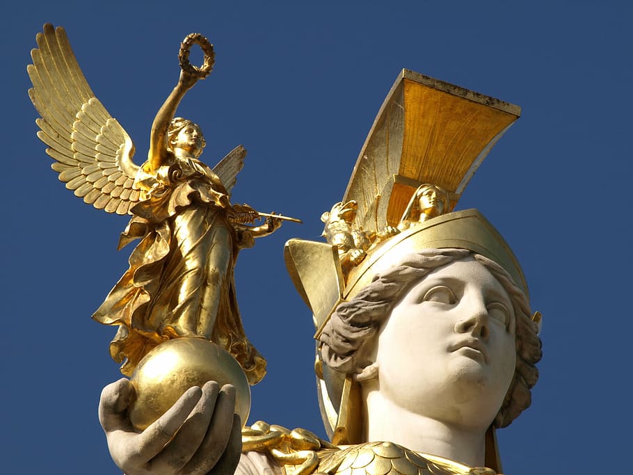 gladiator statue, vienna, pallas-athene fountain, parliament, pallas athene, fountain, theopil hansen, wisdom, nike, goddess of victory