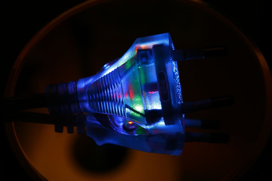 blue, lighted, electric, device, plug, current, transparent, energy, electricity, line