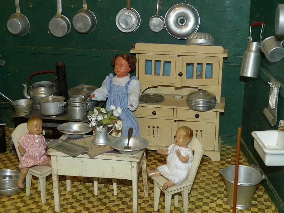 Casas de muñecas, juegos, juguetes, muñecas, juguetes para niños, teatro de marionetas, figura, nostálgico, históricamente, cocina