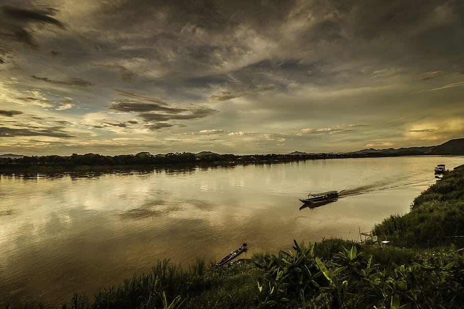 mekong, río, laos, tailandia, puesta de sol, pesca, barco, tarde, pescador, asia
