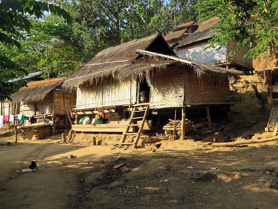 nipa hut, daytime, laos, village, houses, kamu ethnicity, homes, rice granaries, rural area, highlands