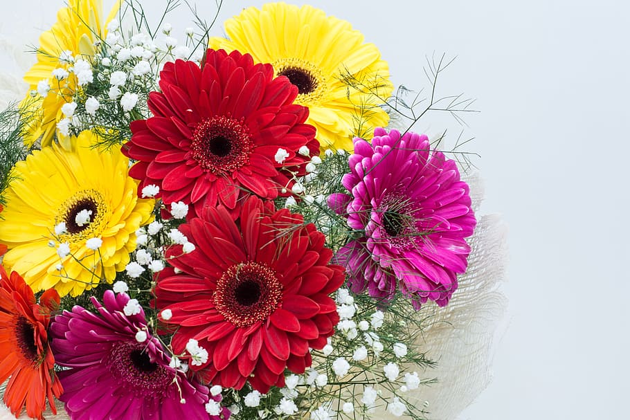 artificial flowers, red,purple, yellow, flower arrangement, flowers, gerbera, floral, spring, bloom, daisy