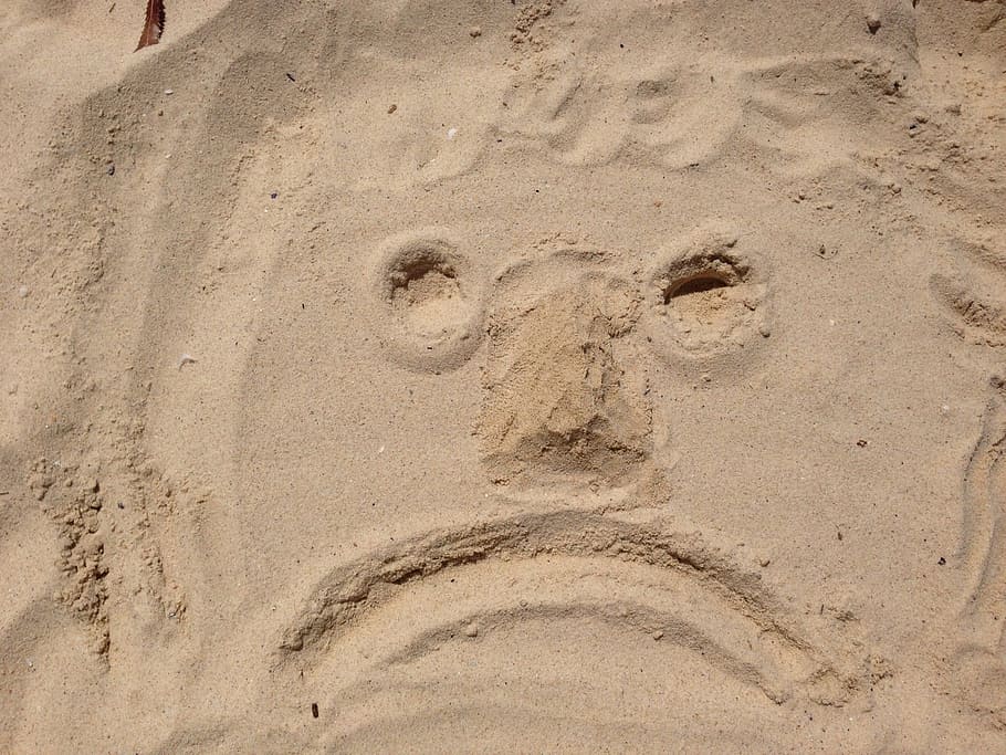 gambar pasir, Wajah, Sedih, Suasana Hati Buruk, Pantai, Tersenyum, emoticon, pasir, tapak kaki, Lokasi perjalanan