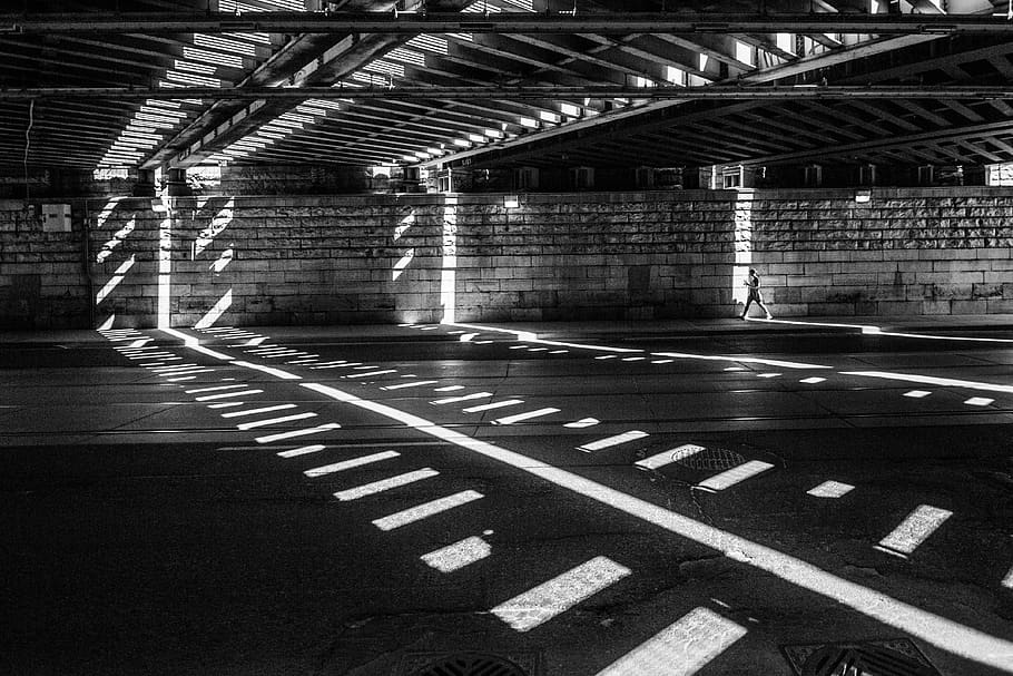 black and white, road, bridge, street, wall, sunlight, people, man, architecture, built structure